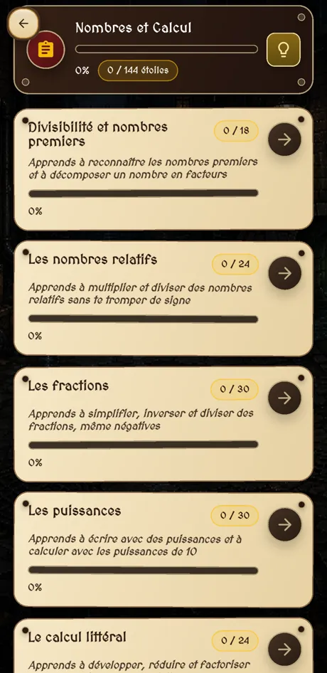 Les chapitres de Nombres et Calcul : 4e (1/2)