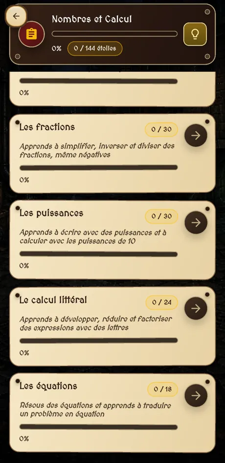 Les chapitres de Nombres et Calcul : 4e (2/2)