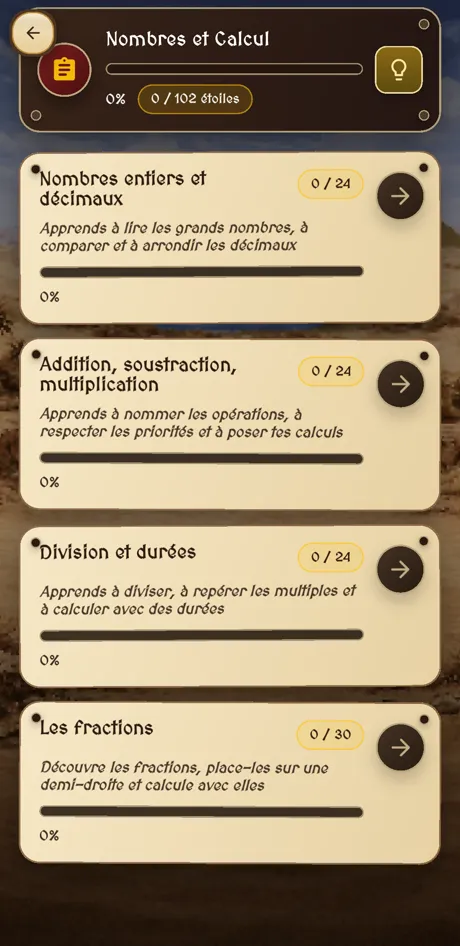 Les chapitres de Nombres et Calcul : 6e